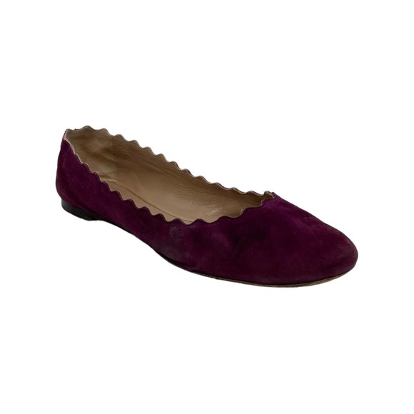 CHLOE 38.5 8.5M Ballet Flat Scalloped Burgundy Suede - Picture 1 of 8
